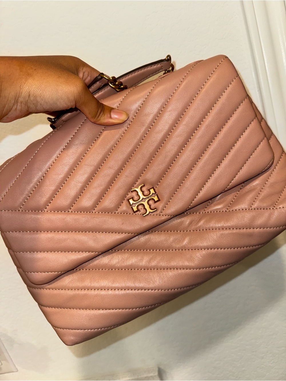 Tory Burch Kira chevron  Blush Quilted Leather Shoulder Bag with Gold Logo